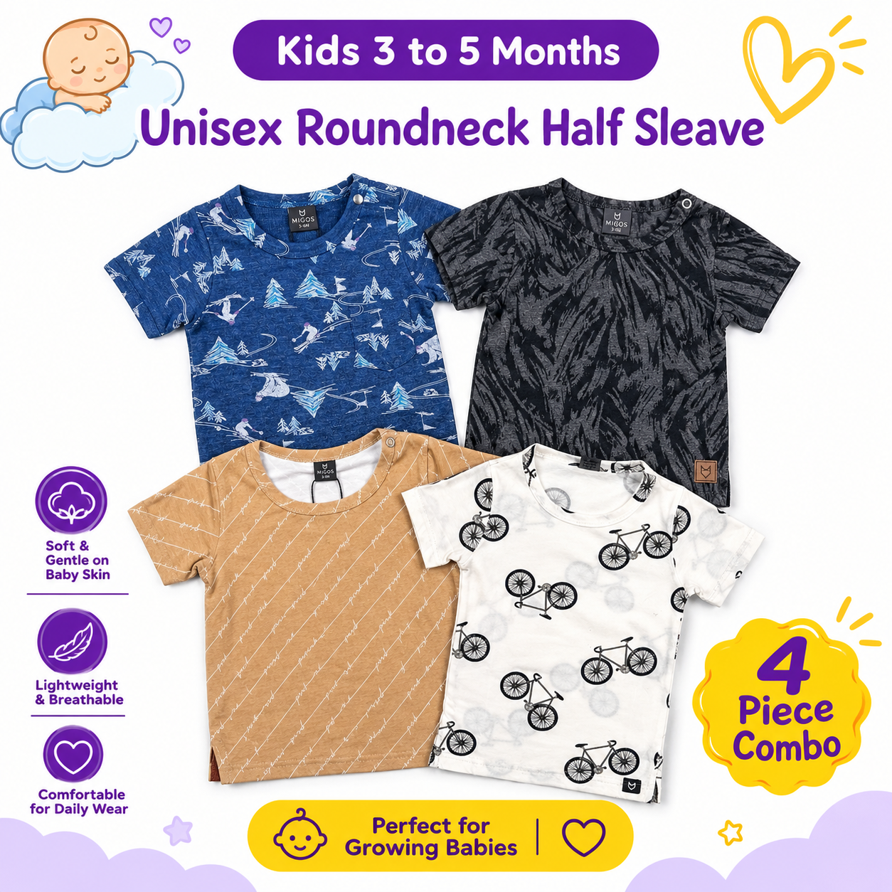 Combo - 3 to 5 months  Kids Roundneck Half Sleave 